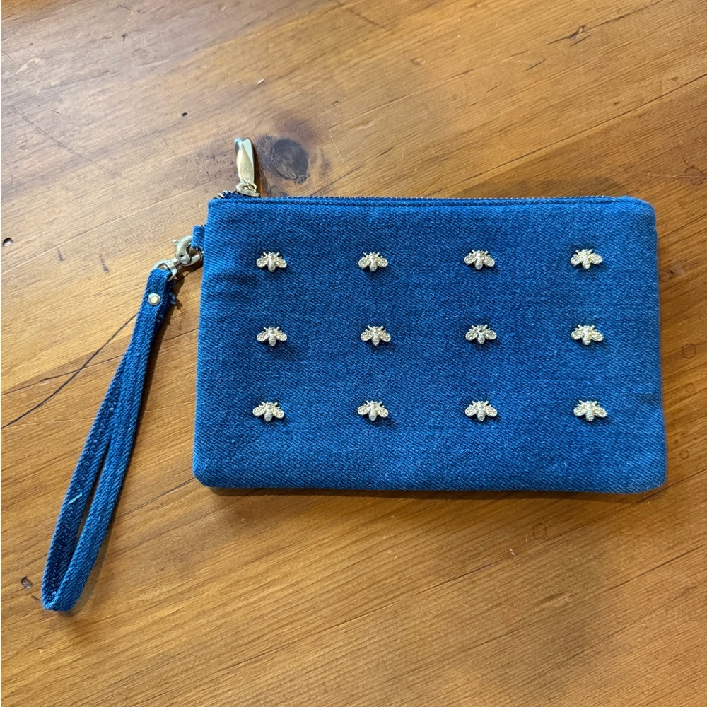 Blue Denim Wristlet Clutch with Gold Bee Studs